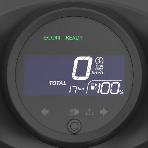 Full Digital Panel meter : Panel indikator full digital dengan tampilan yang canggih dan informasi lengkap yang meliputi kecepatan, jarak tempuh, jam digital, trip meter, pilihan mode hemat daya (ECON), serta indikator baterai.